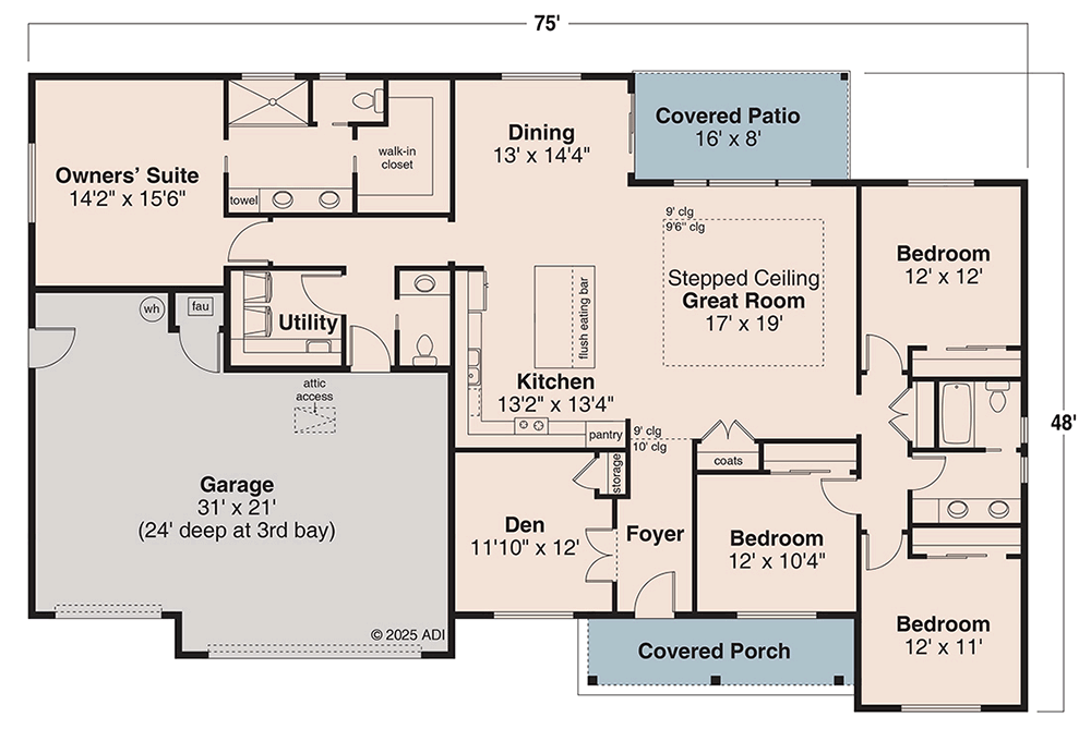 Plan 72502DA: Single-Story Prairie Ranch House Plan with Split-Bedrooms - 2259 Sq Ft - Floor Plan - Main Level - Prairie, Ranch, Traditional
