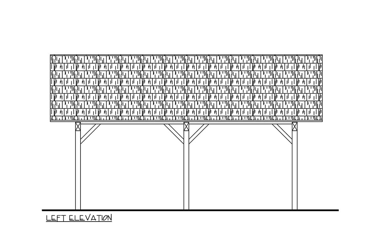 Left elevation drawing of a covered structure with a shingled roof supported by posts and diagonal braces.