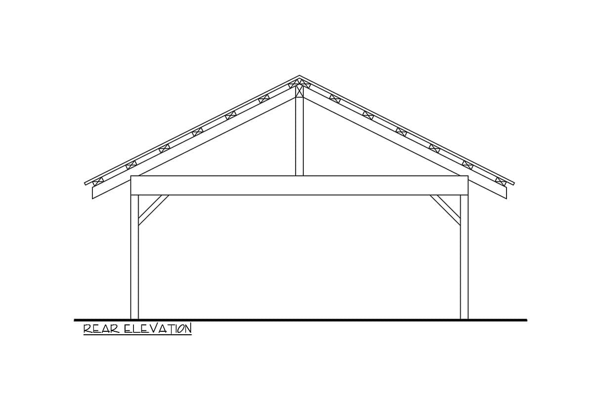 Rear elevation drawing of a structure with a gable roof supported by trusses and open underneath.