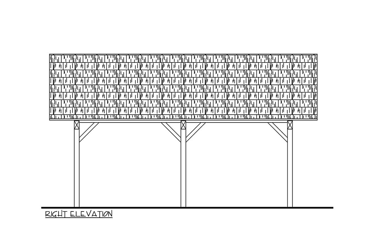 Right elevation drawing of a structure with a shingled roof supported by three posts and angled braces.