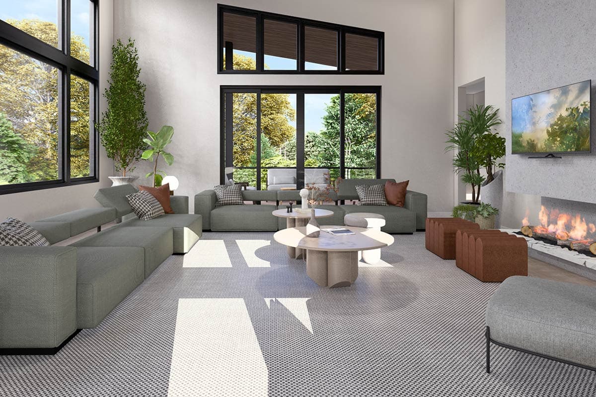Contemporary living room with sectional sofa, fireplace, and large windows with nature view.