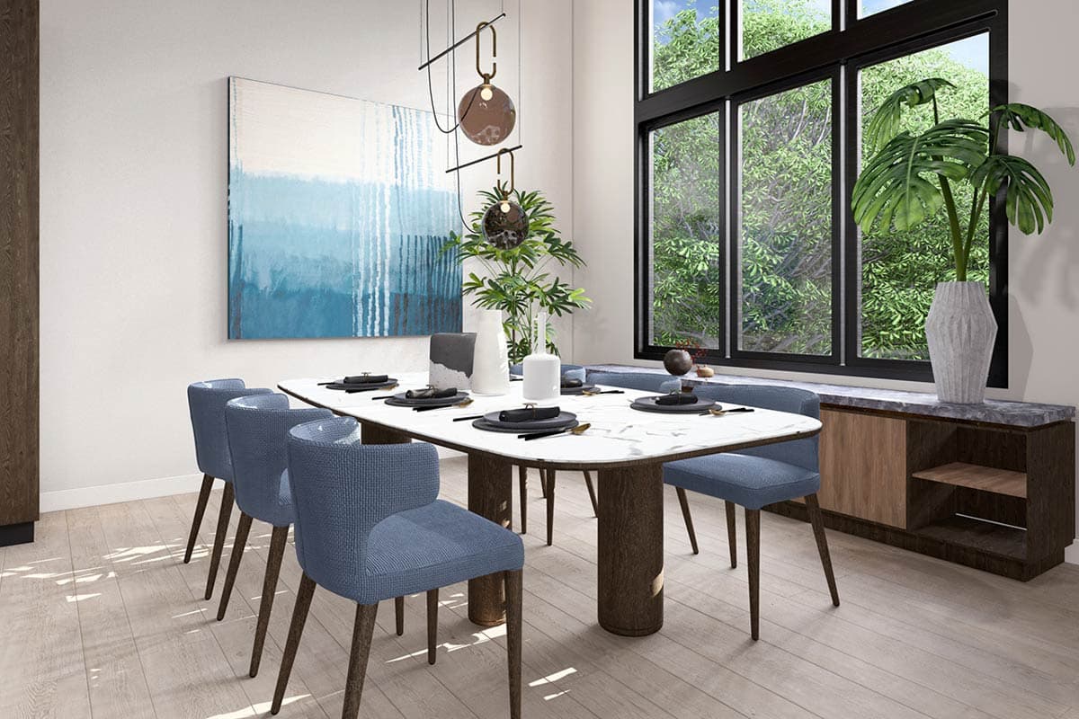Dining room with marble-top table, blue chairs, large window, and abstract blue art.