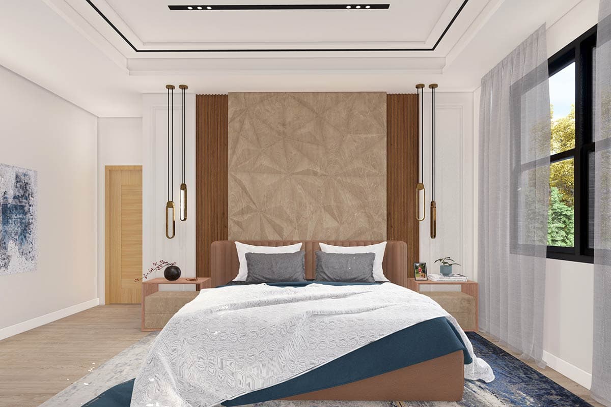 Bedroom rendering with king bed, textured headboard, pendant lights, and large window with sheer curtains.