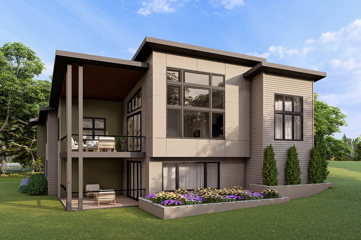 Modern two-story house plan exterior with cantilevered balconies, a shed roof, and large window arrays.