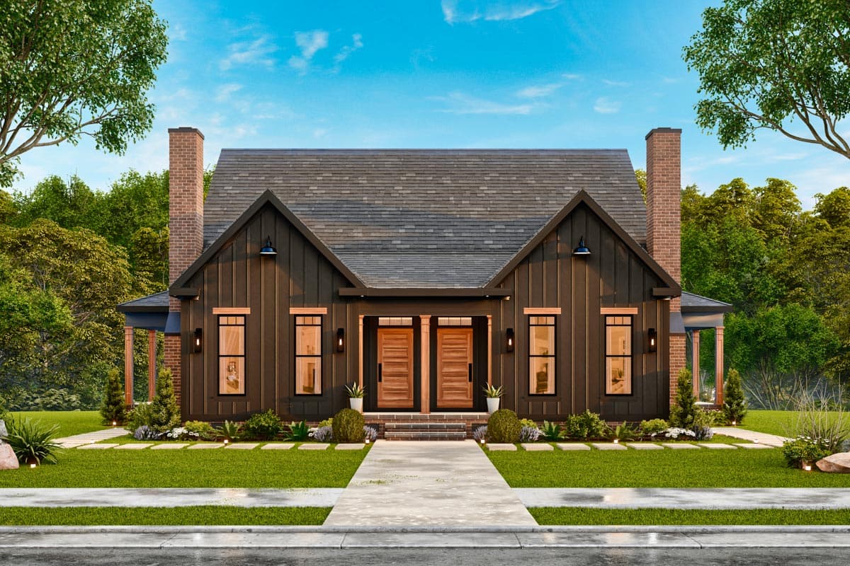 House plan exterior. Modern Farmhouse style with two stories, gabled roof, brick chimneys, and covered porch.