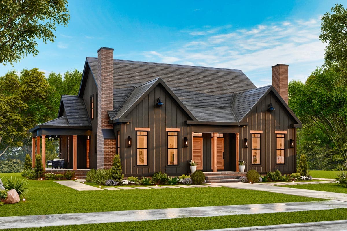 Modern Farmhouse house plan exterior: two stories, dark vertical siding, brick chimneys, gabled roof, and a covered front porch with wood columns.