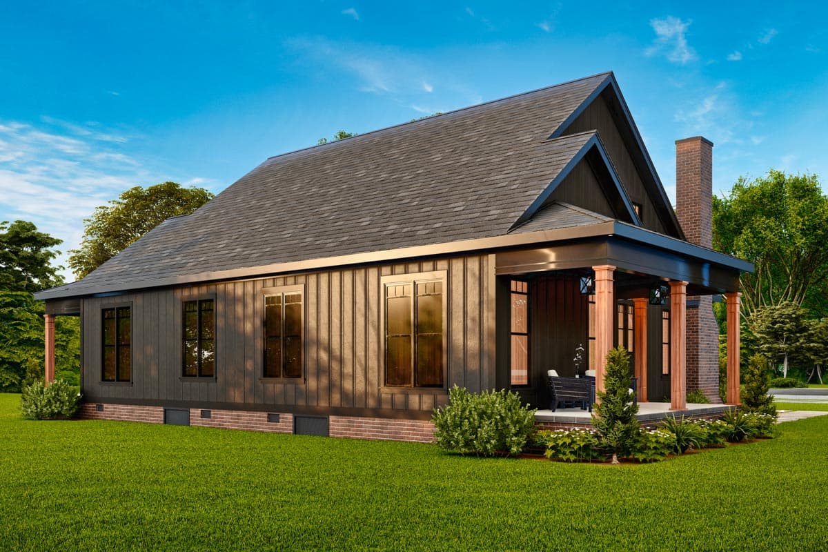 House plan exterior: Modern Farmhouse style, one-story with a covered porch, gabled dormers, and a brick chimney.