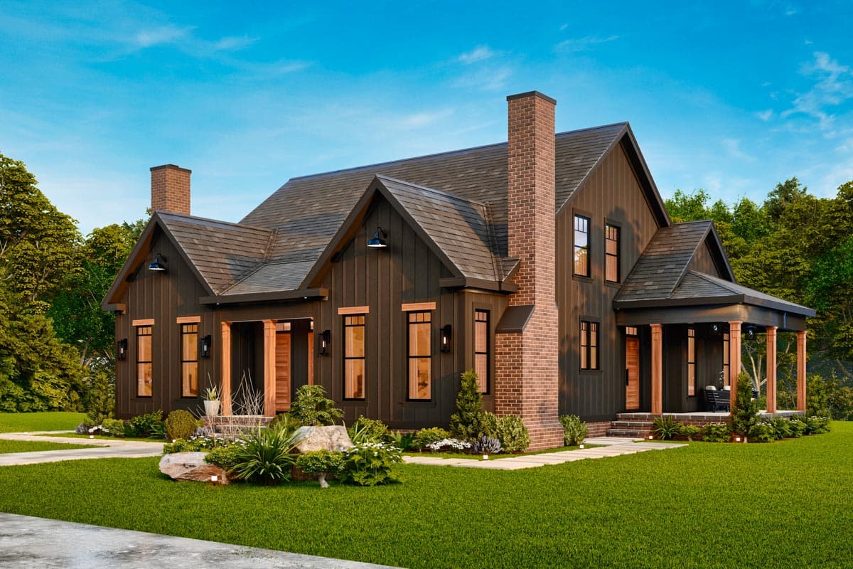 Modern Farmhouse house plan exterior with board-and-batten siding, multiple gables, brick chimneys, and a covered porch.