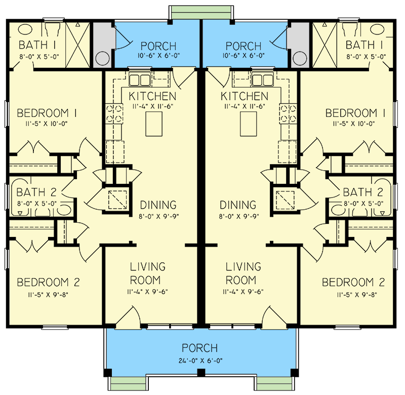 Plan 25843GE: 1-Story Country Craftsman Duplex Plan with 2-Bed 2-Bath 848 Sq Ft Units - Floor Plan - Main Level - Cottage, Country, Craftsman