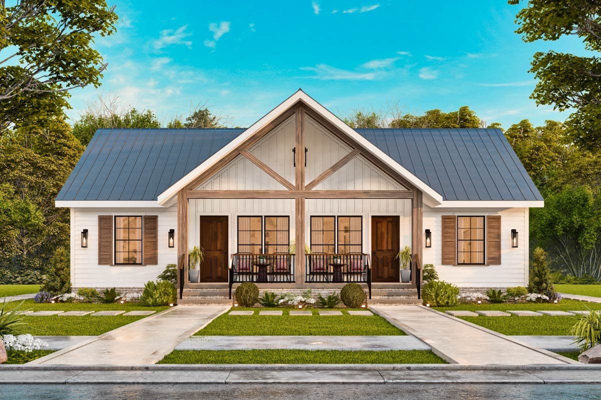 Modern Farmhouse house plan exterior with gabled roof, symmetrical entry, and double front doors.