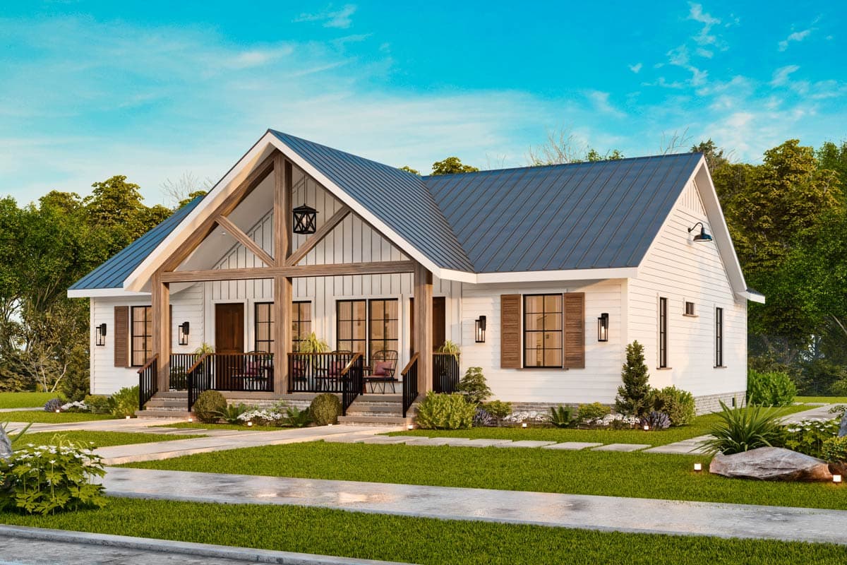 Modern Farmhouse house plan exterior with metal roof, prominent gable, exposed beams, and covered front porch with black railings.