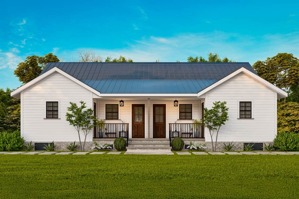 House plan exterior: Single-story Modern Farmhouse with symmetrical gables, dual front doors, and a dark metal roof.