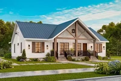 1-Story Country Craftsman Duplex Plan with 2-Bed 2-Bath 848 Sq Ft Units