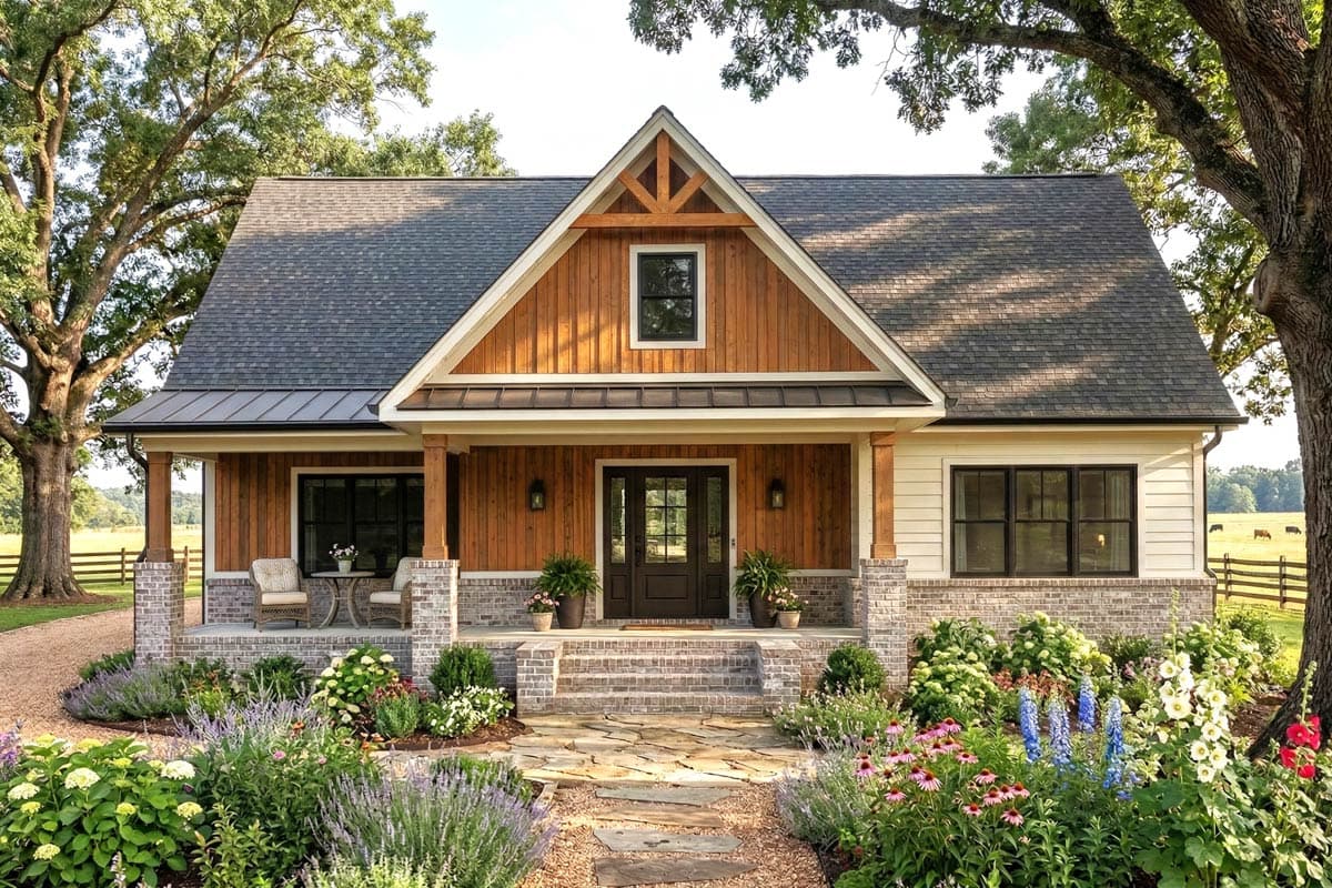 House plan exterior featuring a Craftsman style, single story, with a covered porch, gabled roof, and stone accents.