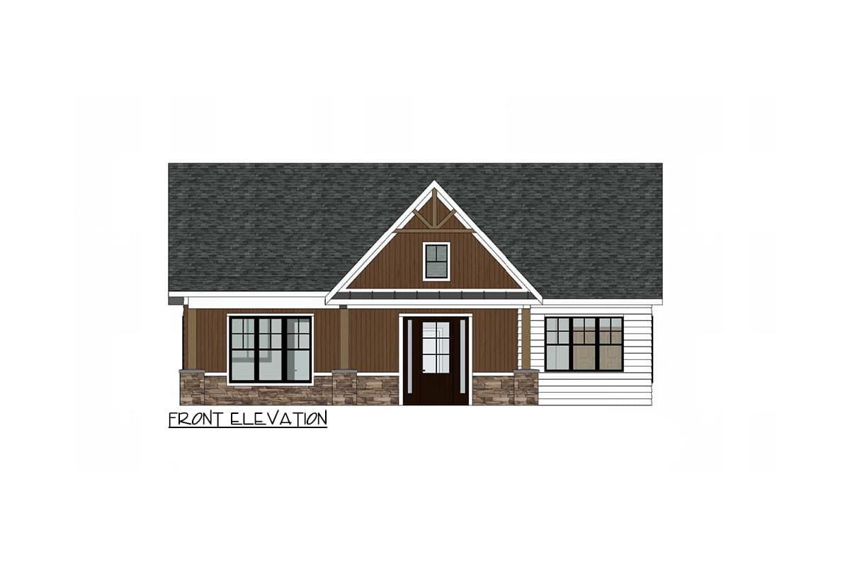 Front elevation house plan: One-story modern farmhouse with gabled roof, stone base, and board and batten siding.