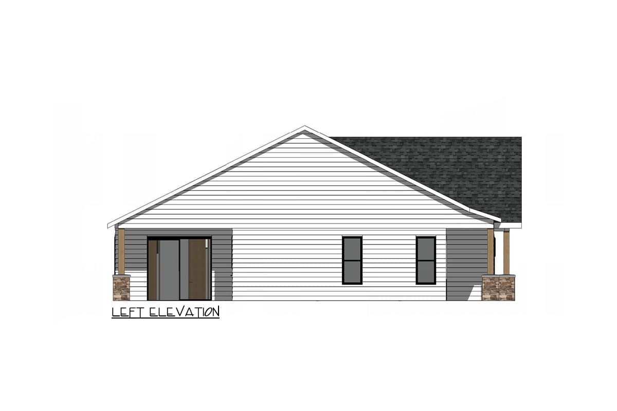 Left elevation drawing of a single-story house with horizontal siding, a gabled roof, and two support columns with stone bases.
