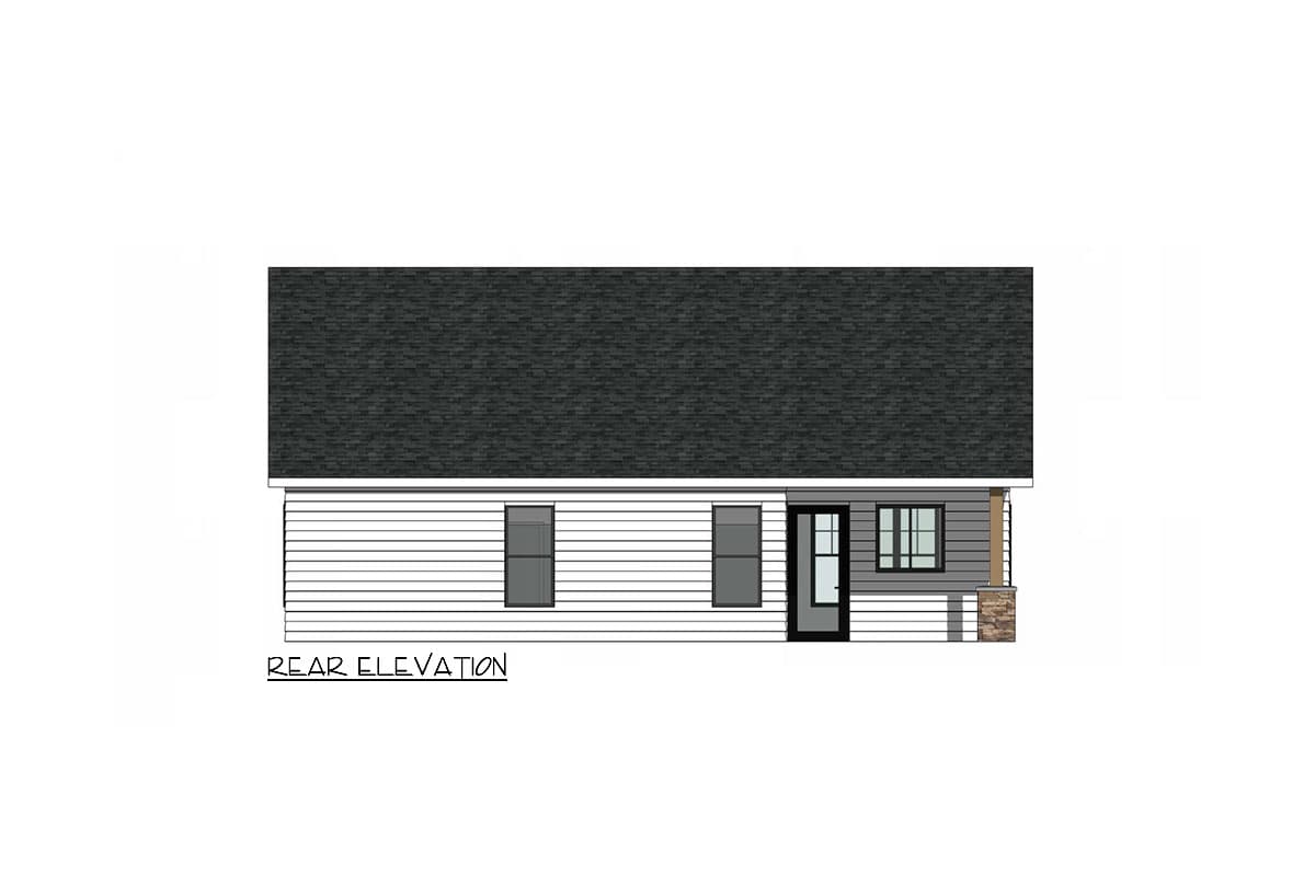Rear elevation drawing of a house plan featuring horizontal siding, two windows, a glass-paneled door, and a stone-clad pillar.