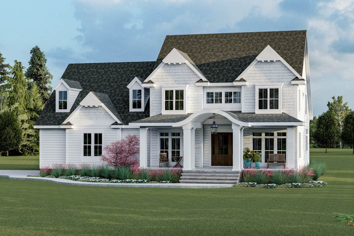 House plan exterior rendering: two-story home with gabled dormers, wide porch, and arched entry.