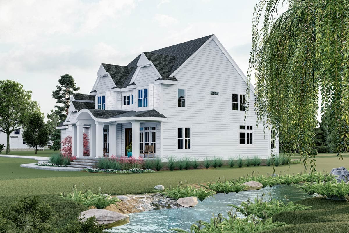 House plan exterior: Two-story traditional style with white siding, prominent gables, and covered front porch with columns.