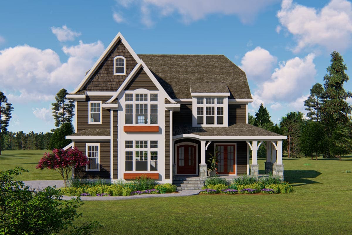 House plan exterior with Craftsman style. Two-story home with gabled roof, prominent window groupings, and a covered porch with stone columns.