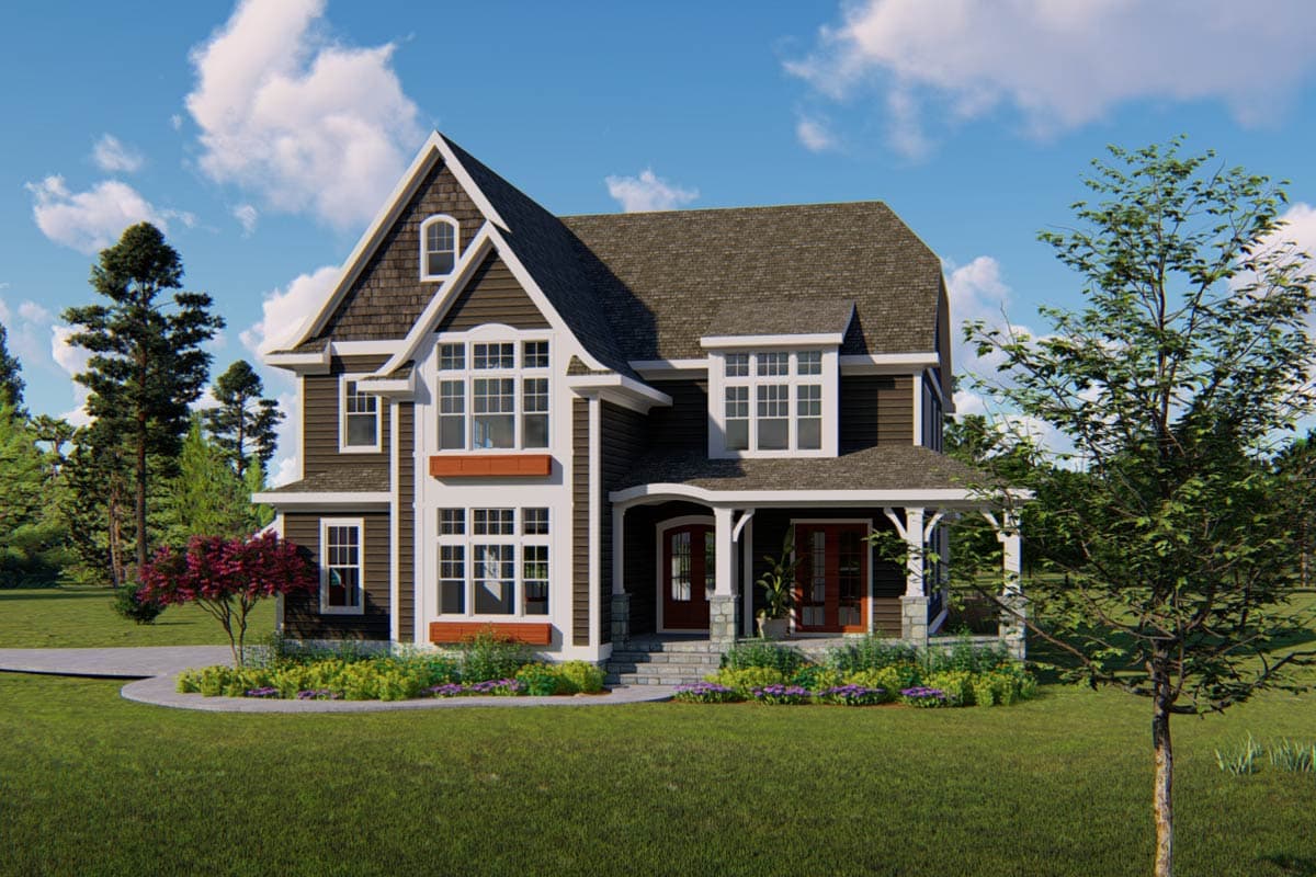 House plan exterior: Two-story home with large gables, a covered porch with stone columns, and a mix of shingle and lap siding.