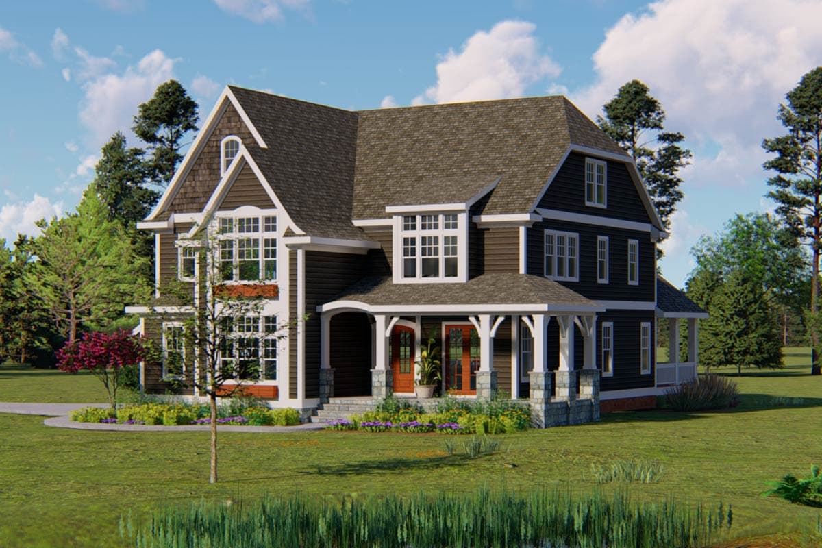House plan exterior rendering of a two-story home with a covered porch, dormers, gables, and large windows.