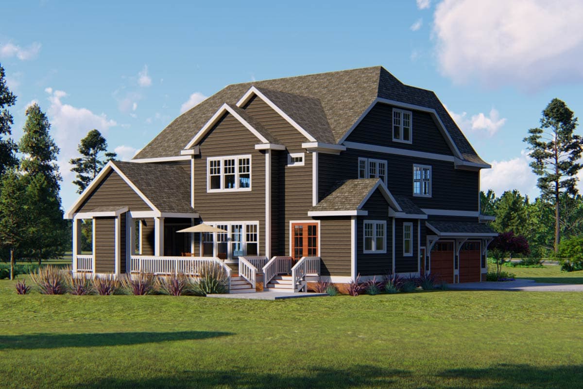 House plan exterior: Two-story dark brown home with gabled dormers, a wraparound porch, and a two-car garage.
