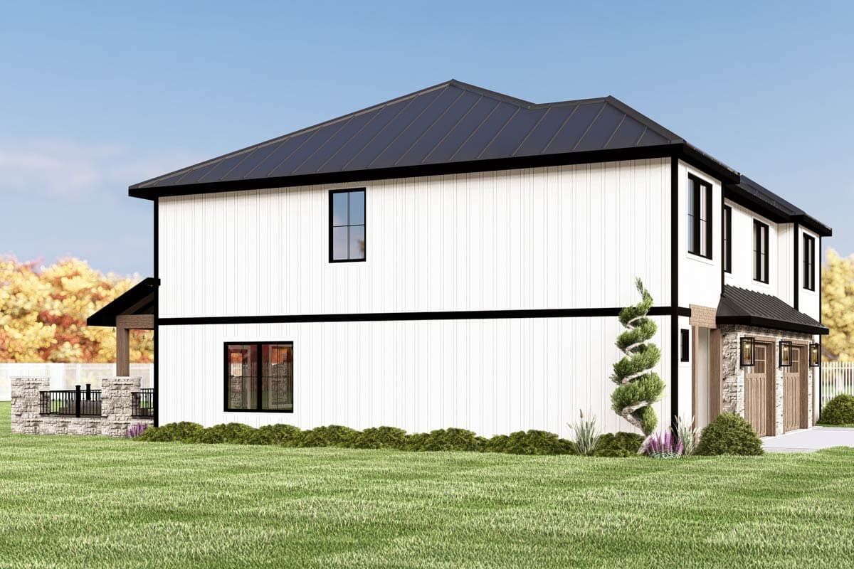Modern Farmhouse house plan exterior, two stories, white board-and-batten siding, black trim, metal roof, stone accent, garage.