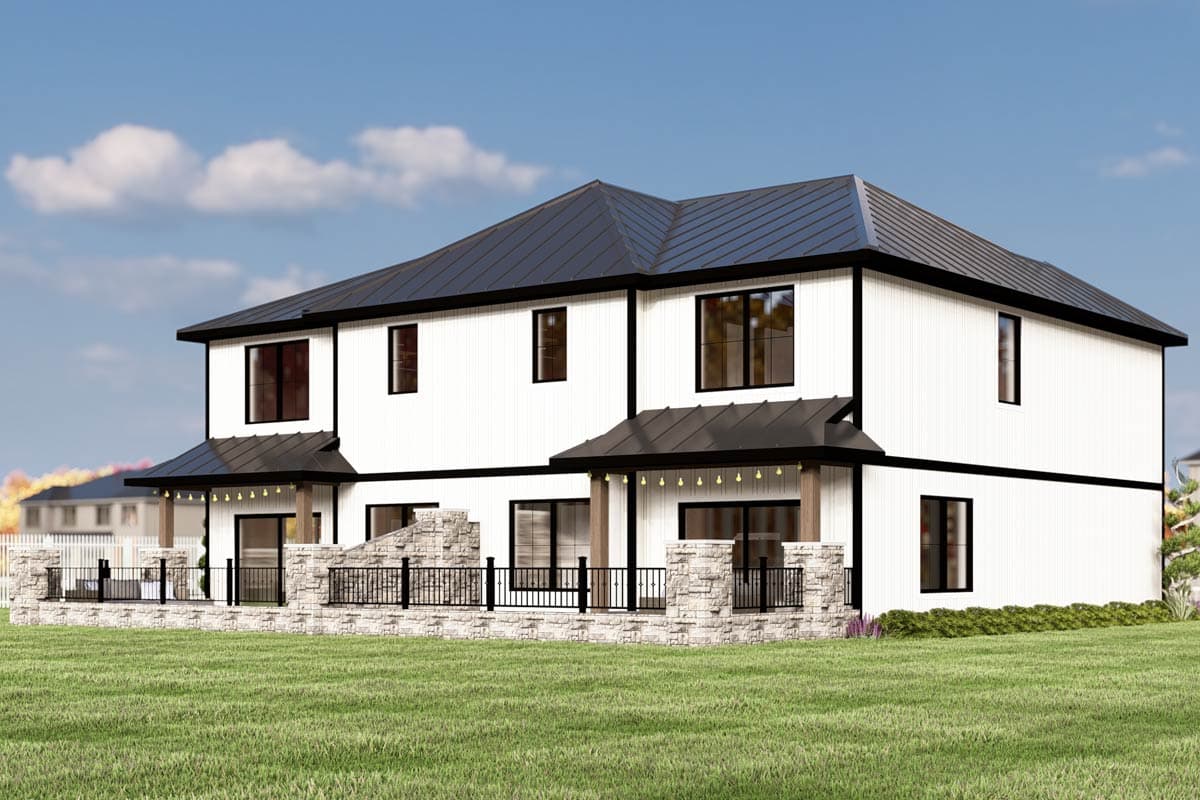 Modern house plan exterior: two stories, white vertical siding, black metal roof, porches with stone accents.