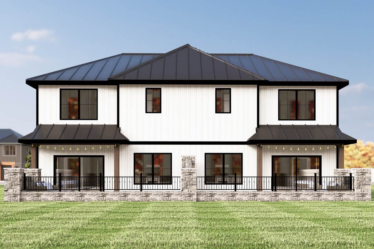 Modern farmhouse two-story house plan exterior with white board-and-batten siding, black metal roof, and covered patios.