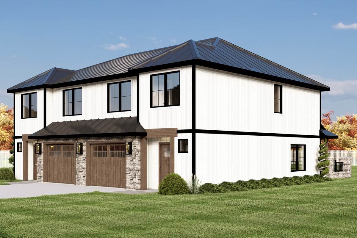 Two-story Modern Farmhouse exterior with white vertical siding, a black metal roof, two-car garage, and stone accents.