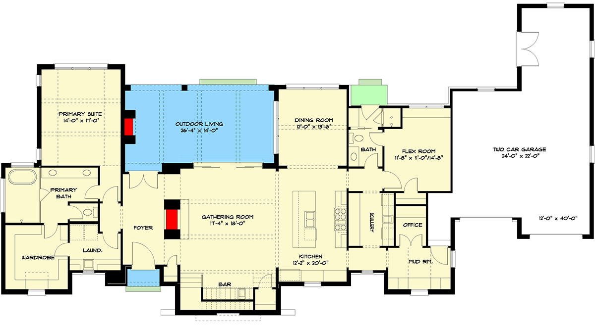 Plan 93222EL: 4-Bed Transitional European House Plan with Flex Room - 3440 Sq Ft - Floor Plan - Main Level - European, Transitional