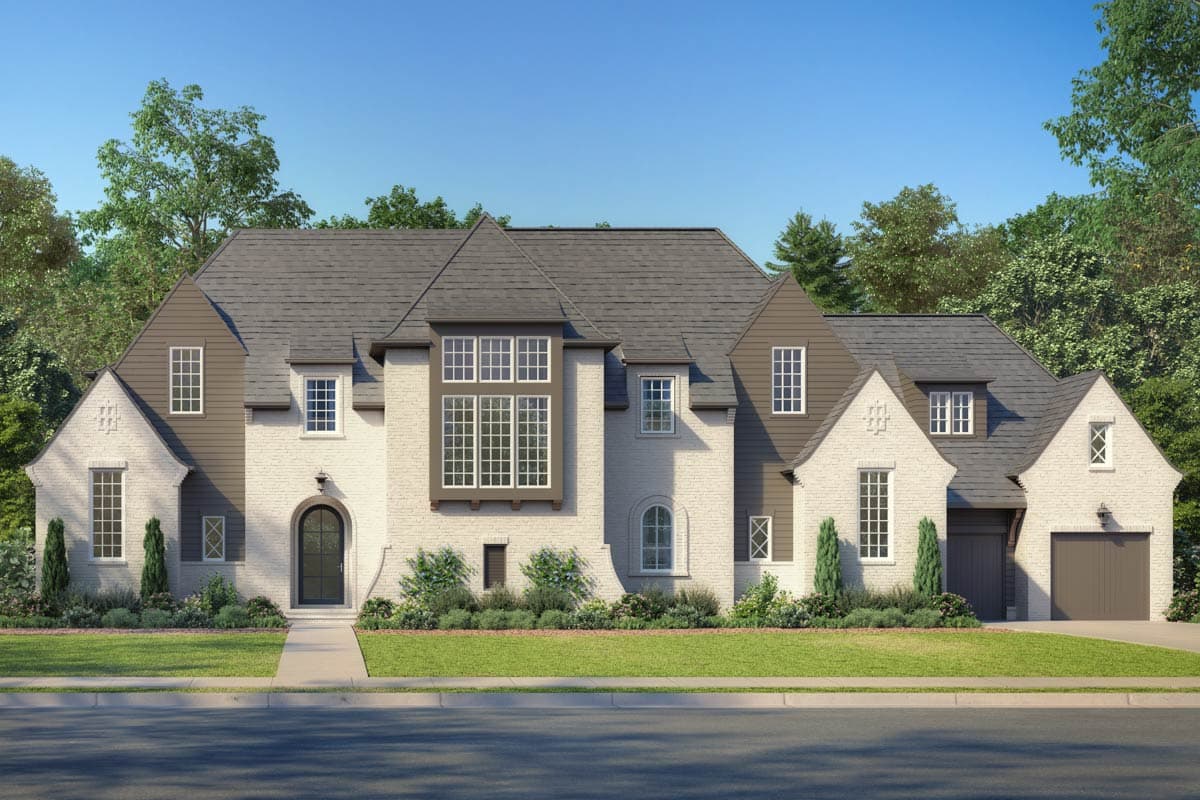 House plan exterior. Two-story Tudor style home with multiple gables, brick facade, and arched entry. Features include dormers and attached garage.