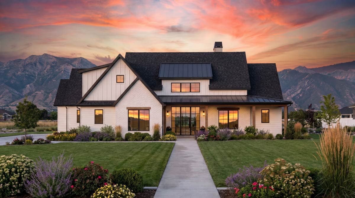 Modern Farmhouse house plan exterior with white brick, board and batten siding, gabled rooflines, and metal roof dormer.
