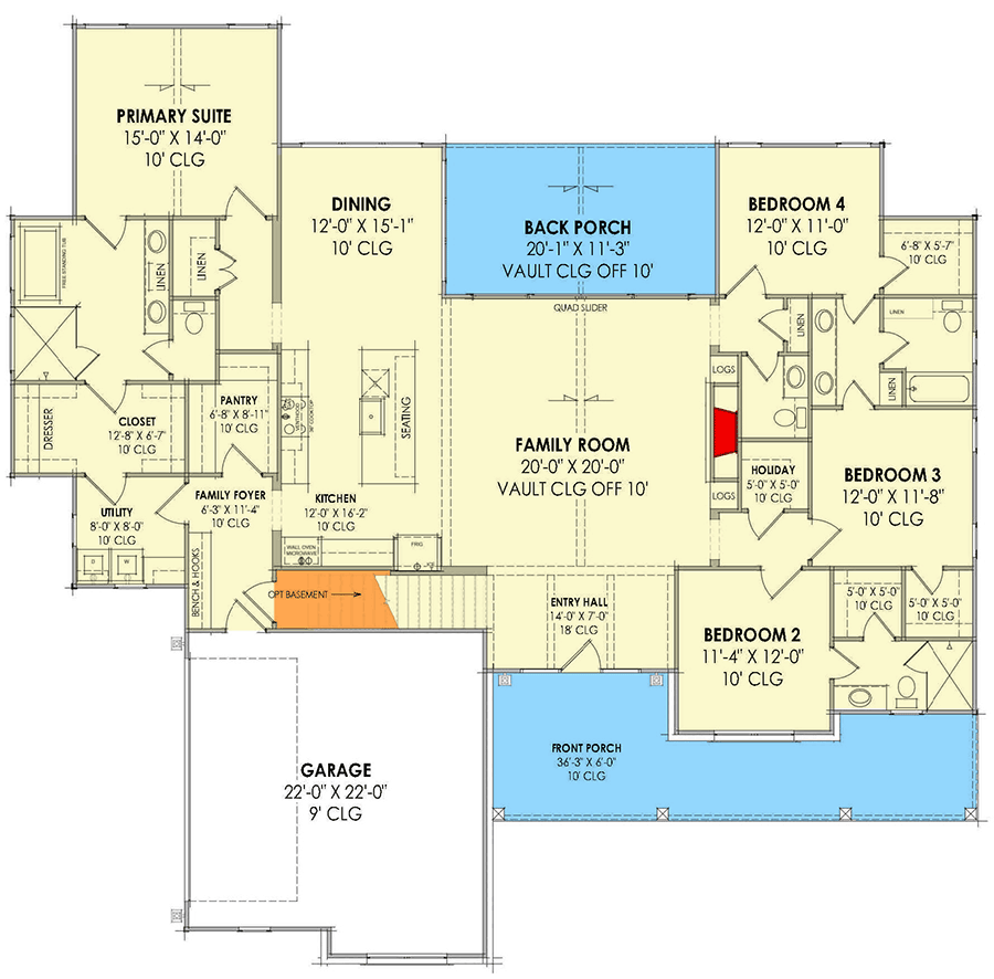 Plan 818158JSS: 4-Bed New American House Plan with Bonus Room Above - 2602 Sq Ft - Floor Plan - Main Level - Craftsman, New American