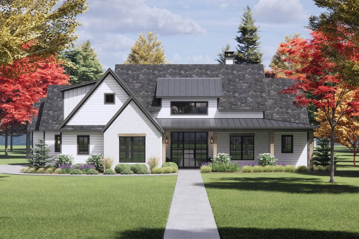 Modern Farmhouse house plan exterior with a gabled roof, brick accents, and a covered porch. Features a metal roof and large windows.