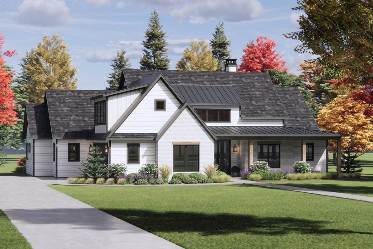 House plan exterior: Modern Farmhouse style, two stories, white siding, brick accents, gable roof with metal accents, and a covered porch.