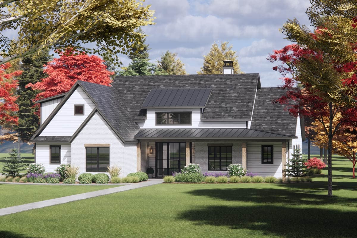 Modern Farmhouse house plan exterior with white brick, gables, dormers, and a covered front porch with metal roof.