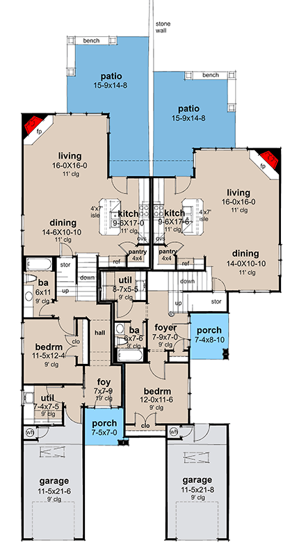 Plan 16936WG: Charming New American Duplex Plan with 3-Bed Units Under 2000 Sq Ft Each - Floor Plan - Main Level - Colonial, Country, Modern Farmhouse, Traditional