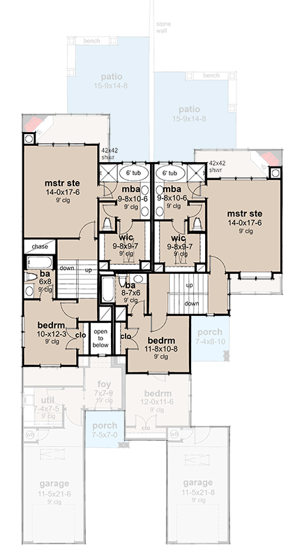 Plan 16936WG: Charming New American Duplex Plan with 3-Bed Units Under 2000 Sq Ft Each - Floor Plan - 2nd Floor - Colonial, Country, Modern Farmhouse, Traditional