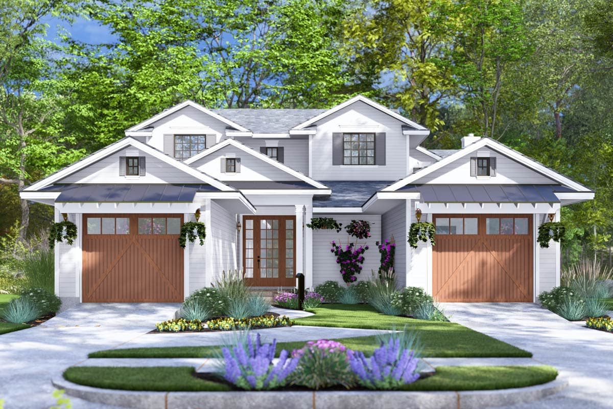 House plan exterior with two stories. Features include a Craftsman style, two garage bays with awnings, and multiple gables.