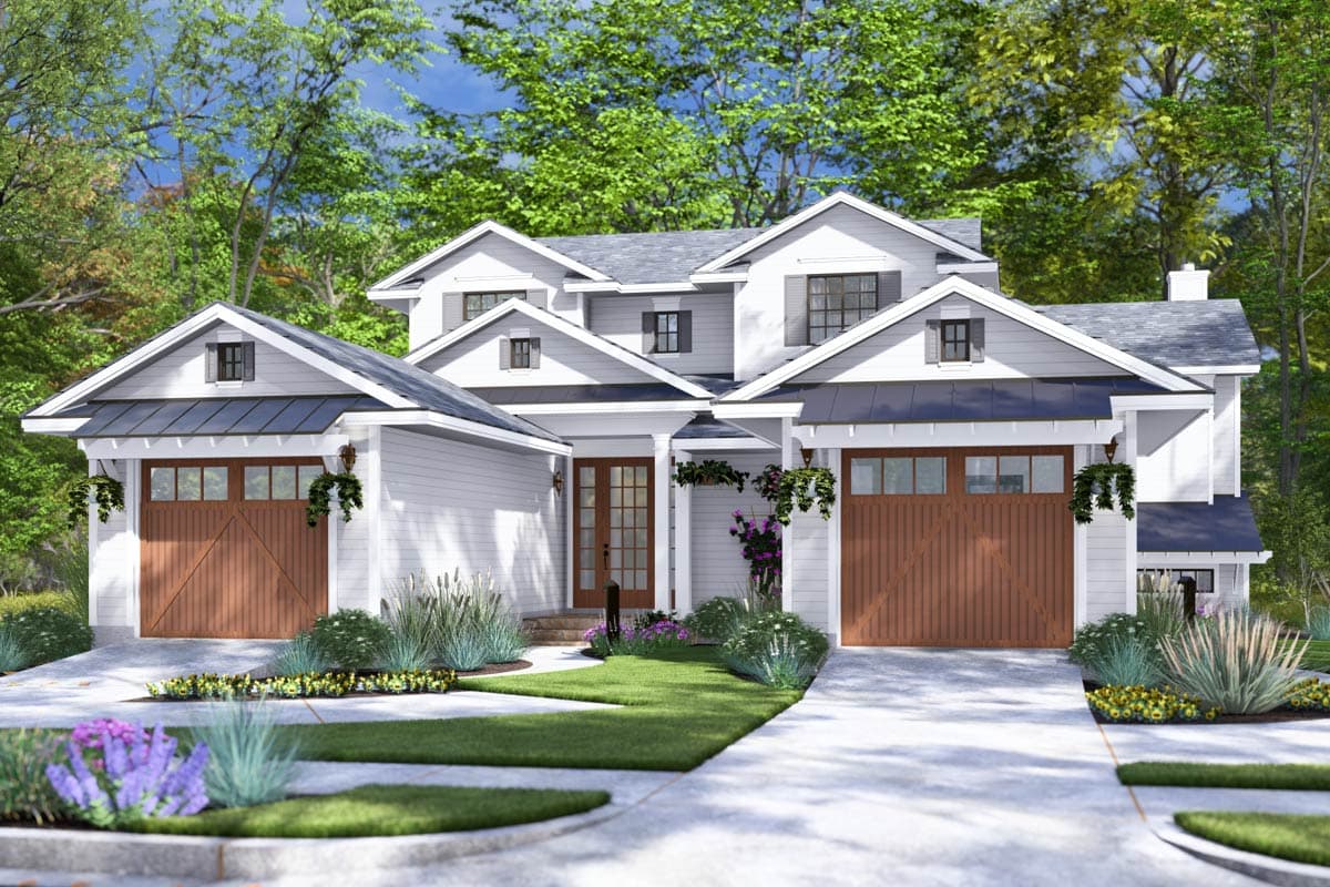 House plan exterior: Two-story Modern Farmhouse with dual two-car garages, gabled dormers, and a covered entry.