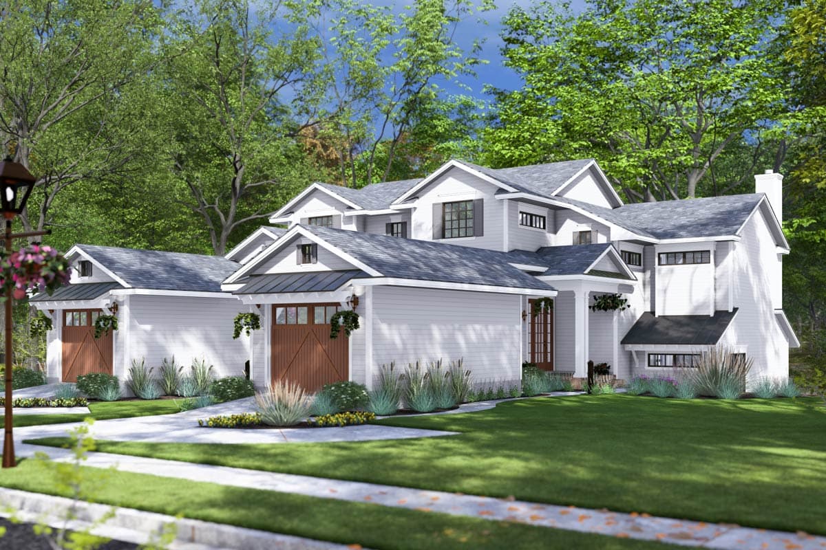 Modern Farmhouse house plan exterior, 2 stories, multiple gables, side-facing garages, and prominent rooflines.