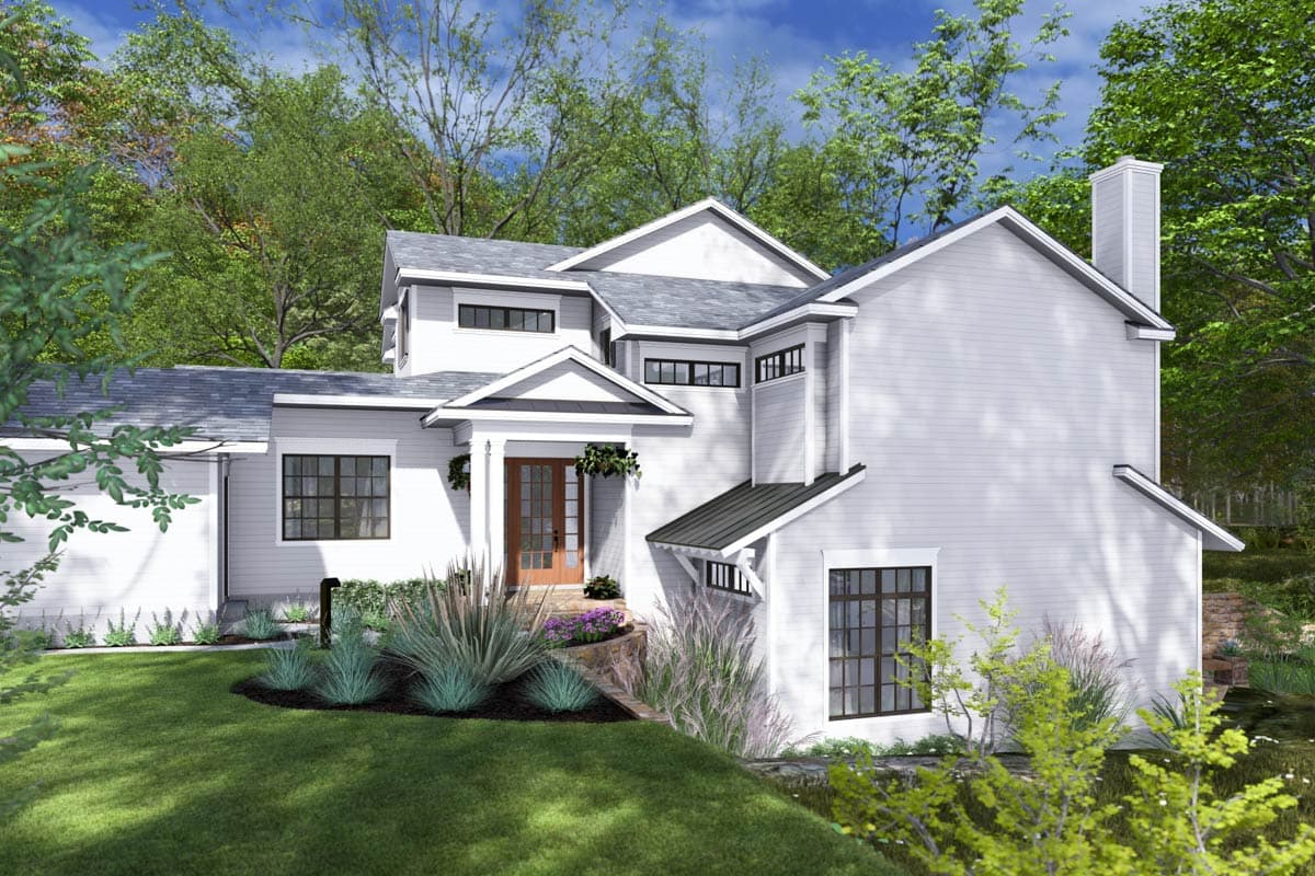 House plan exterior of a two-story Modern Farmhouse with a covered entry porch, gables, and a prominent chimney.