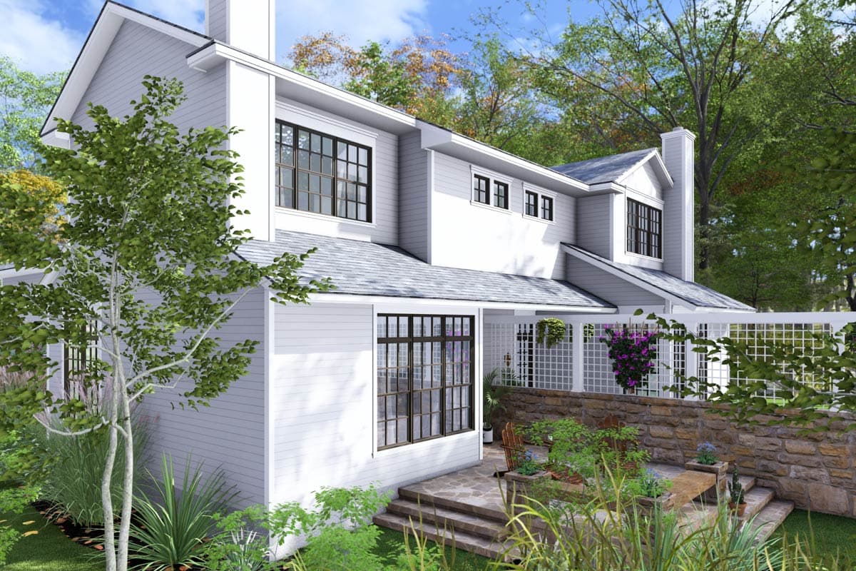 Two-story house plan exterior with gabled roofs, white siding, a prominent chimney, and multiple grid windows.