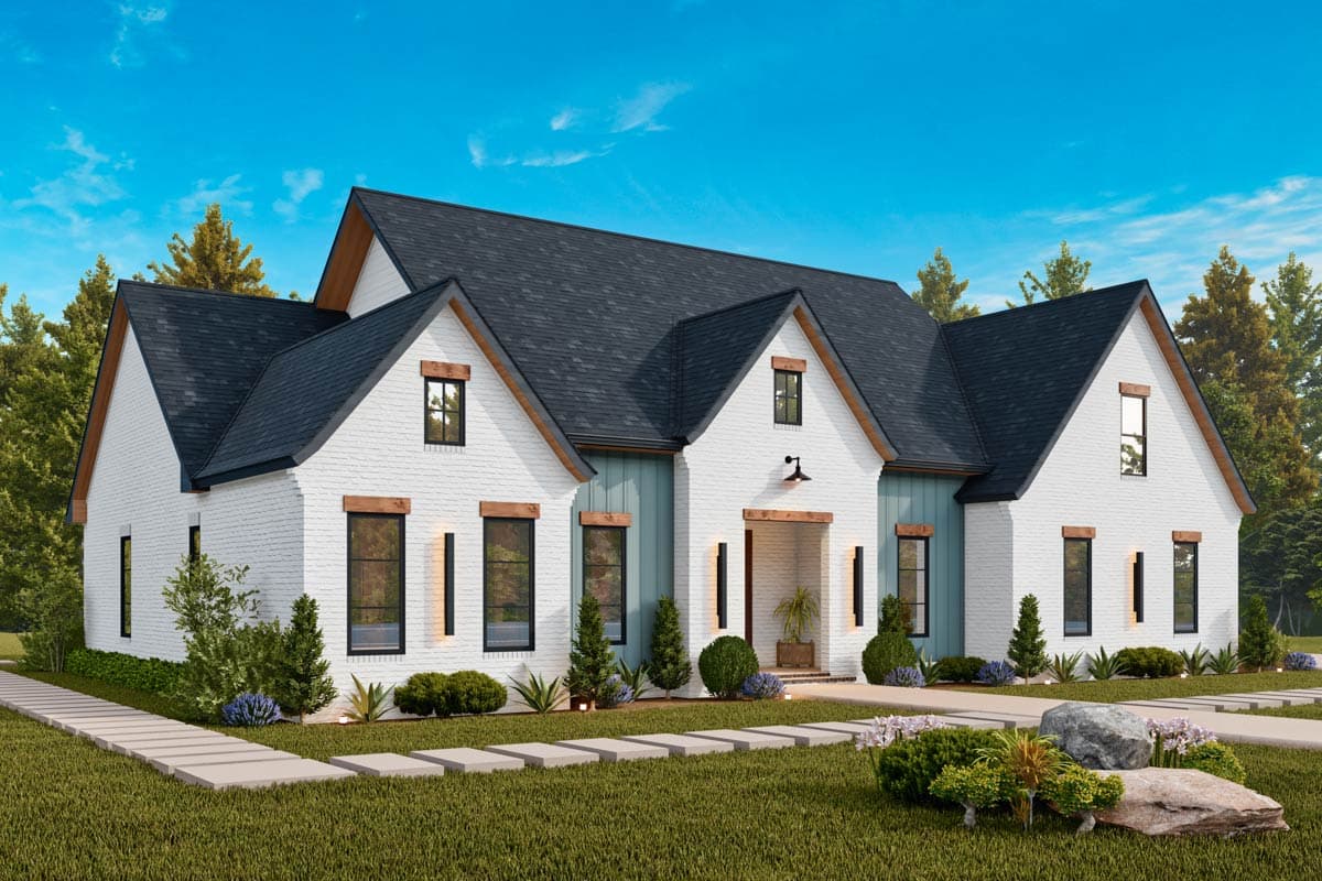 Modern Farmhouse style house plan exterior with white brick, gables, wood accents, and a covered entry.