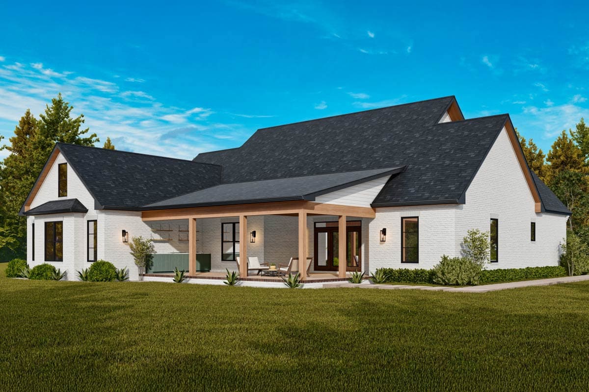House plan exterior: Modern Farmhouse style, white brick, prominent gables, and covered porch with timber posts and exposed beams.