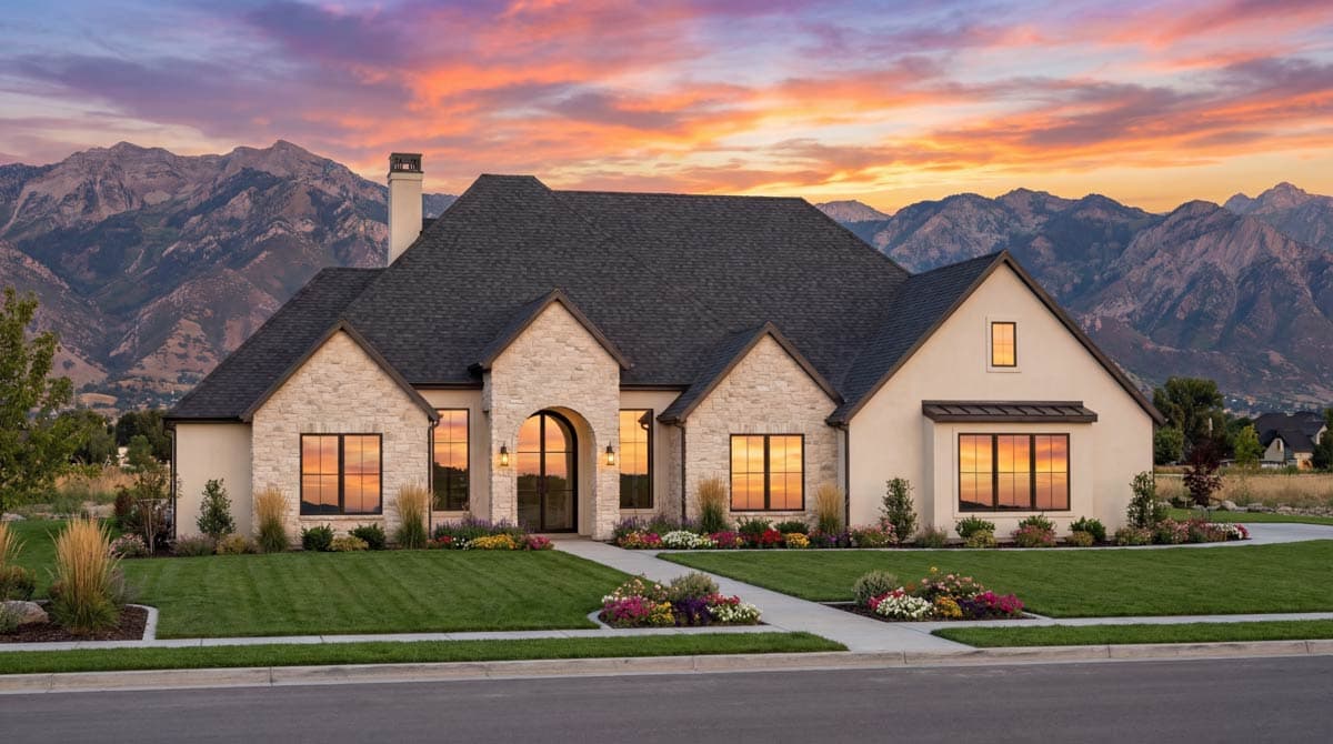 House plan exterior. One-story with a gray shingle roof. Features include gables, arched entryway, and dark-framed windows.