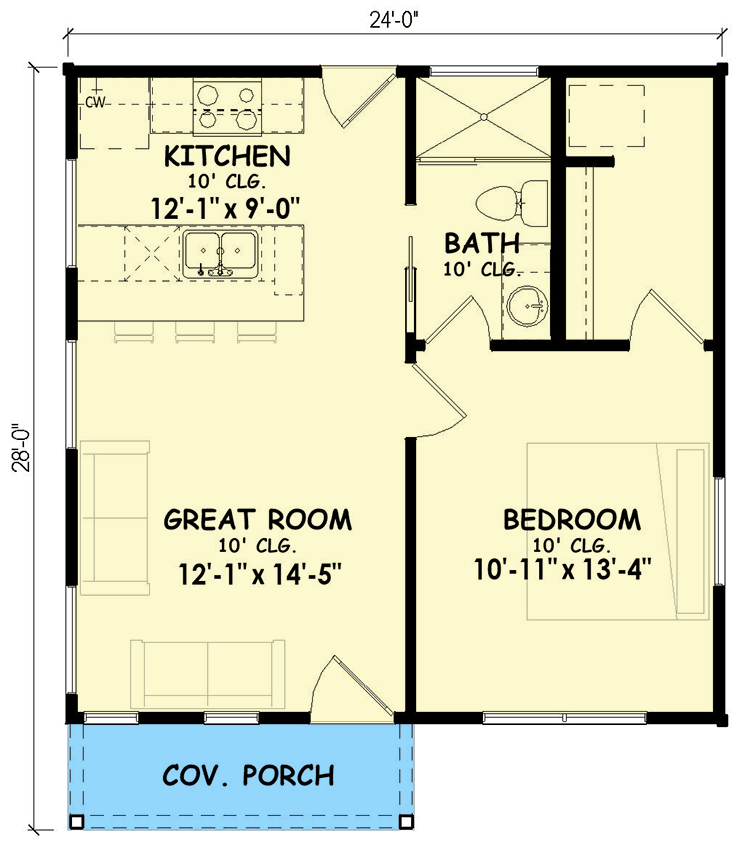 Plan 100343GHR: 1-Bed Contemporary ADU House Plan Under 600 Sq Ft - Floor Plan - Main Level - Cabin, Contemporary, Cottage, Country, Modern Farmhouse, Traditional