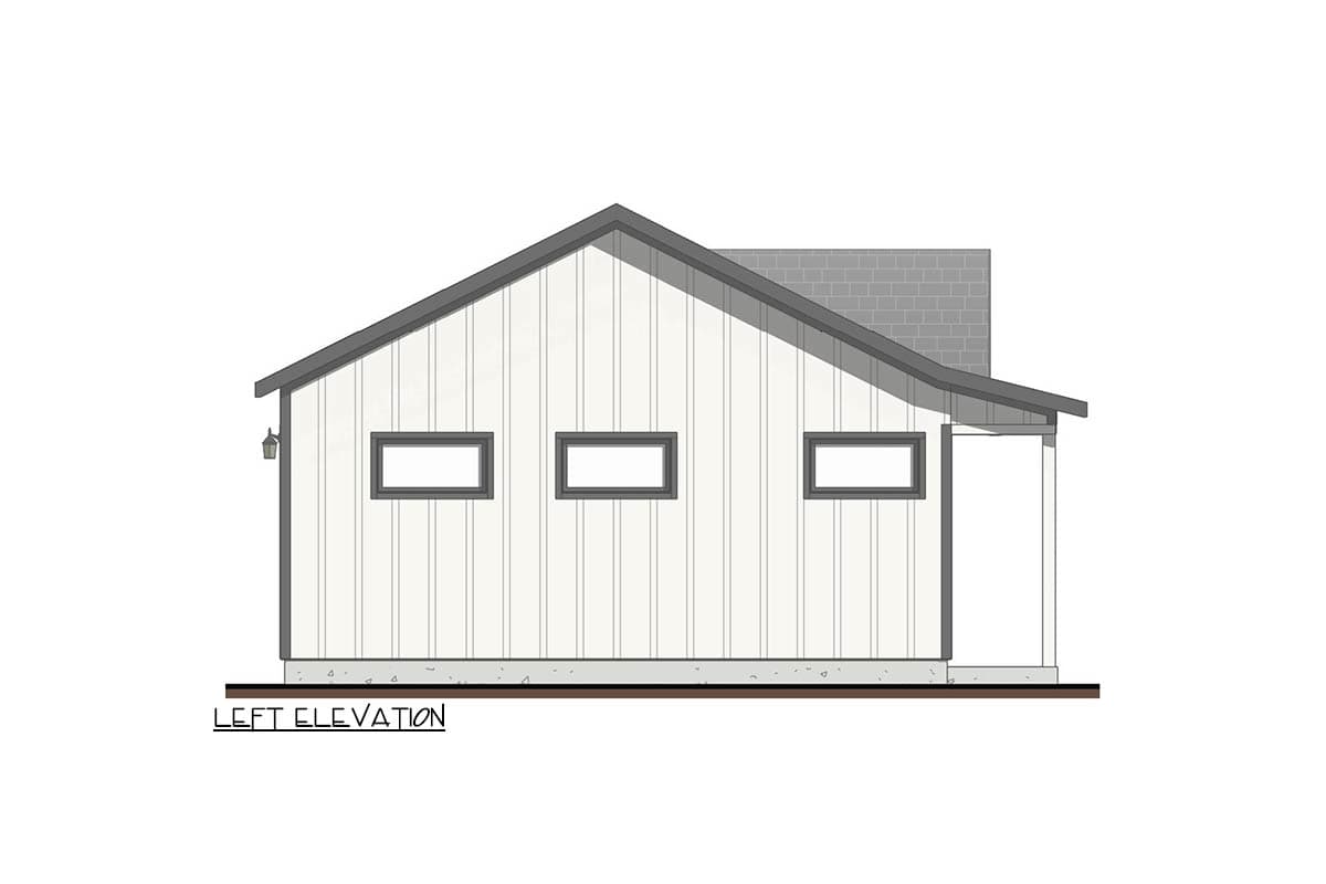 Left elevation of a one-story house plan with vertical siding, a gable roof, and three horizontal windows.